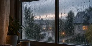 Picături de apă curg pe geamul unei ferestre prin care se observă copaci și clădiri într-un peisaj de seară.