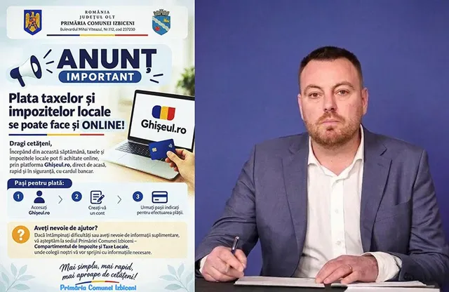 Un bărbat cu barbă scurtă, purtând sacou gri și cămașă albă, stă la o masă cu un pix în mână pe un fundal albastru.