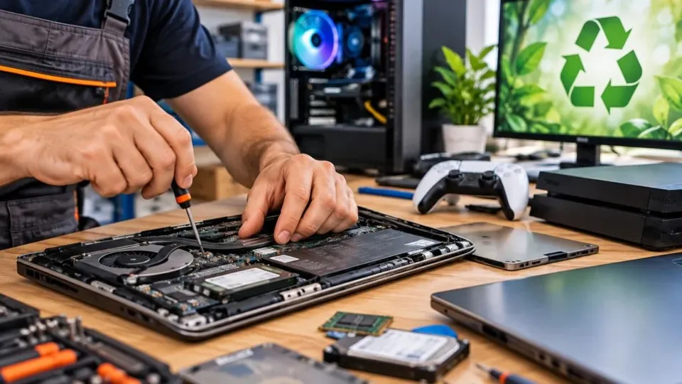 O persoană în salopetă folosește o șurubelniță pentru a lucra la componentele interne ale unui laptop deschis pe o masă de lucru.