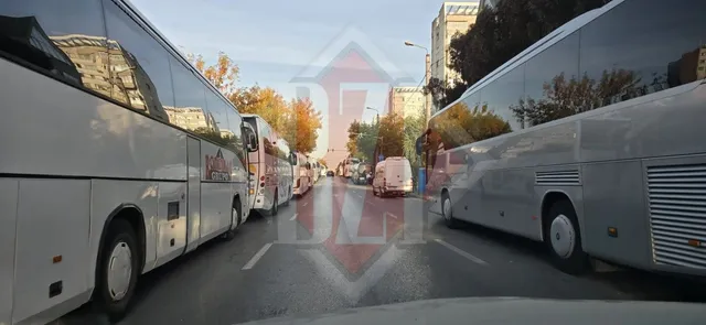 Două rânduri de autobuze mari sunt parcate pe ambele părți ale unei străzi urbane sub un cer senin.