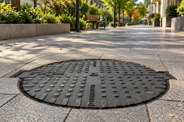 O capacă de canalizare circulară, din metal închis la culoare, cu textură ridicată, este instalată în pavajul unei zone pietonale cu bănci și copaci.