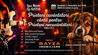 Un poster cu text alb pe fundal roșu și portocaliu, afișând o chitară electrică și doi căței privind prin gratii metalice.
