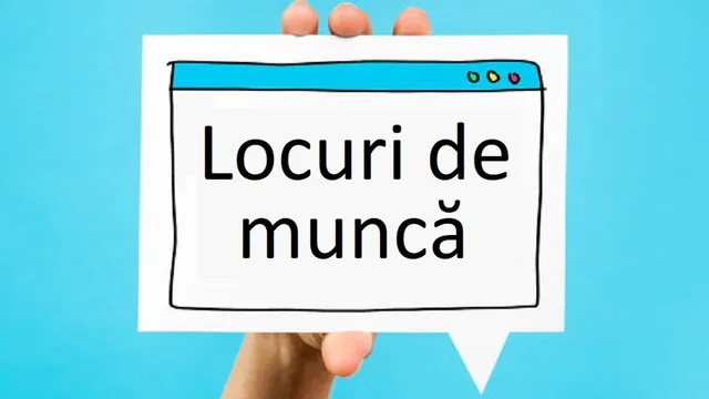 O mână ține un semn alb pe care este scris textul "Locuri de muncă" într-un cadru care seamănă cu o fereastră de browser.