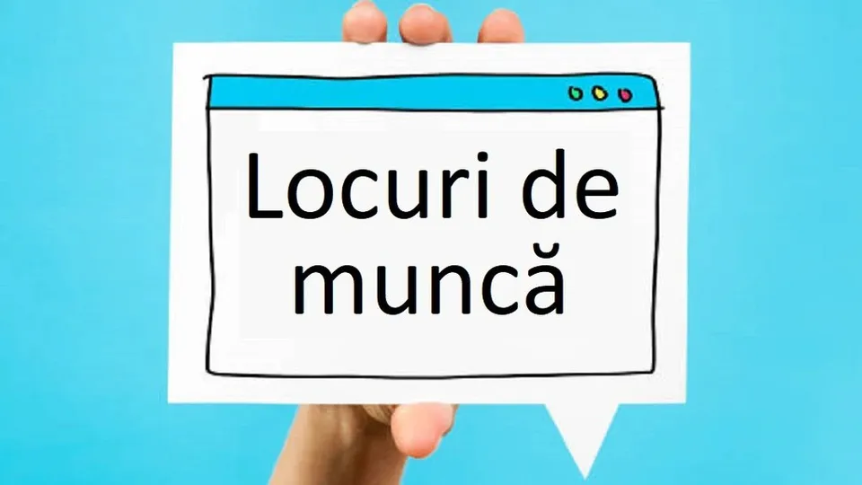 O mână ține un semn alb pe care este scris textul "Locuri de muncă" într-un cadru care seamănă cu o fereastră de browser.