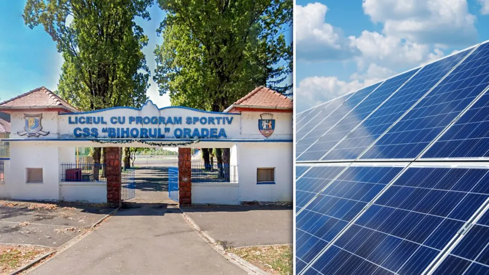 Imaginea este un colaj format dintr-o intrare la un liceu cu un pridvor alb și panouri solare de culoare albastră sub un cer înnorat.
