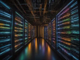 Rânduri de rack-uri de servere cu lumini colorate sunt dispuse pe ambele părți ale unui coridor întunecat.