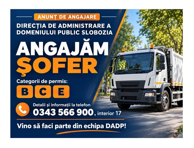 Un afiș de angajare pentru un șofer la Direcția de Administrare a Domeniului Public Slobozia, cu un camion alb în fundal.