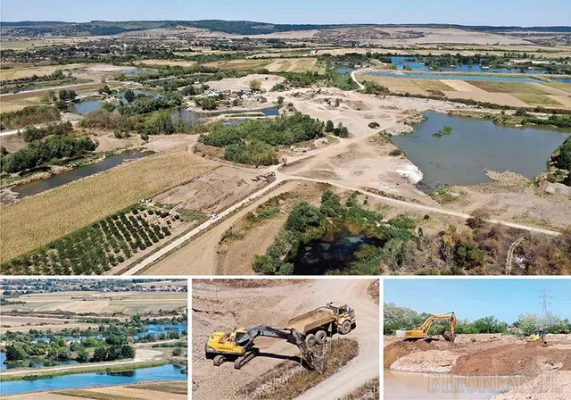 Imagine compusă din trei cadre arătând un peisaj rural cu râuri, un excavator galben lângă un camion și un excavator galben pe un teren nisipos.