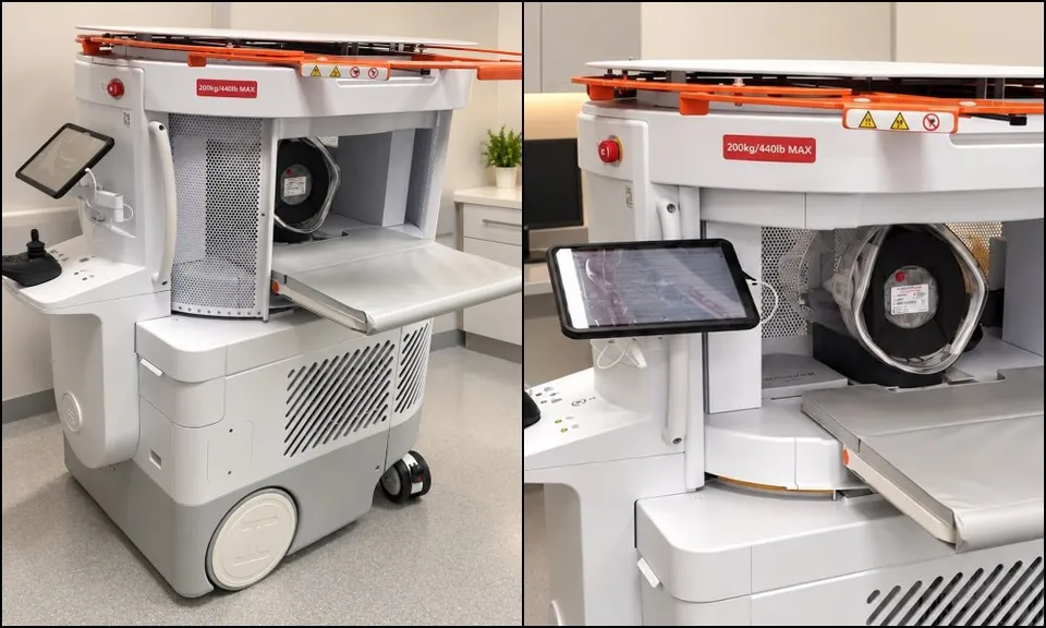Un aparat medical alb cu un ecran digital și o platformă orizontală este poziționat într-o încăpere cu podea gri.