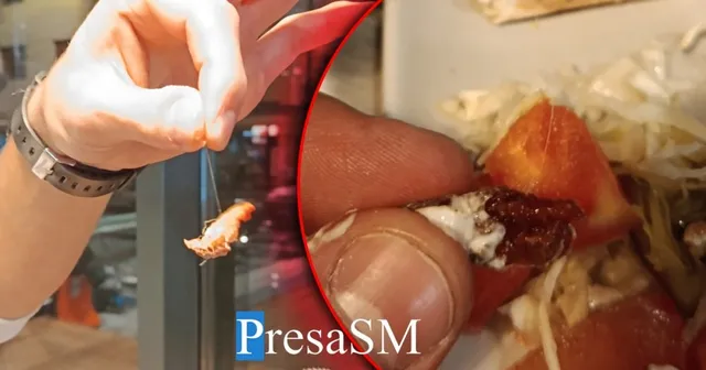 O mână ține un fir subțire cu un fragment de obiect la capăt, suprapus peste o farfurie cu salată și roșii.