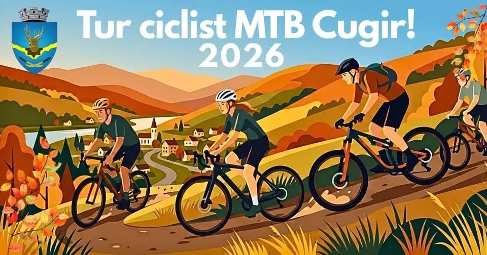 Ilustrație colorată cu cinci cicliști echipați, pedaland pe un traseu montan ondulat, cu un scut heraldic în colțul stâng sus.