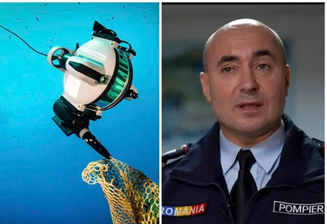 Un dispozitiv subacvatic alb cu braț robotic manipulează o plasă de pescuit într-un mediu de apă albastră, lângă un bărbat în uniformă.