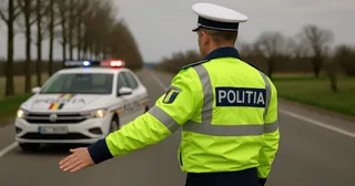 Un polițist în uniformă reflectorizantă verde și albă stă pe un drum, întinzând mâna stângă spre o mașină de poliție albă cu girofaruri aprinse.