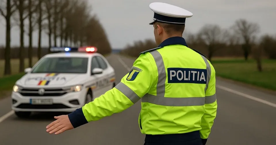 Un polițist în uniformă reflectorizantă verde și albă stă pe un drum, întinzând mâna stângă spre o mașină de poliție albă cu girofaruri aprinse.