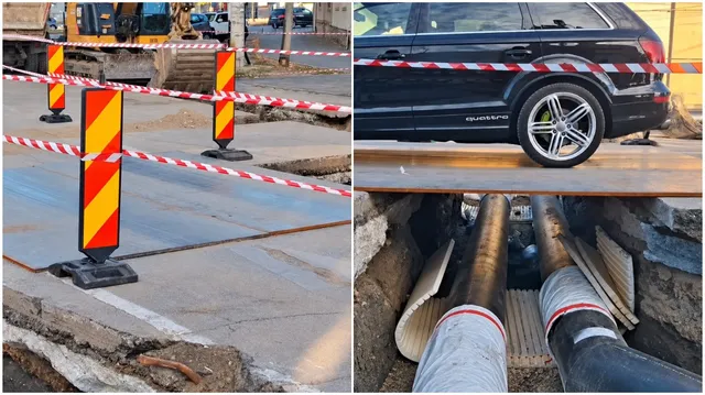 Un colaj format dintr-o zonă de șantier cu conuri de semnalizare, o mașină neagră parcată lângă o trecere provizorie și țevi metalice într-un șanț deschis.