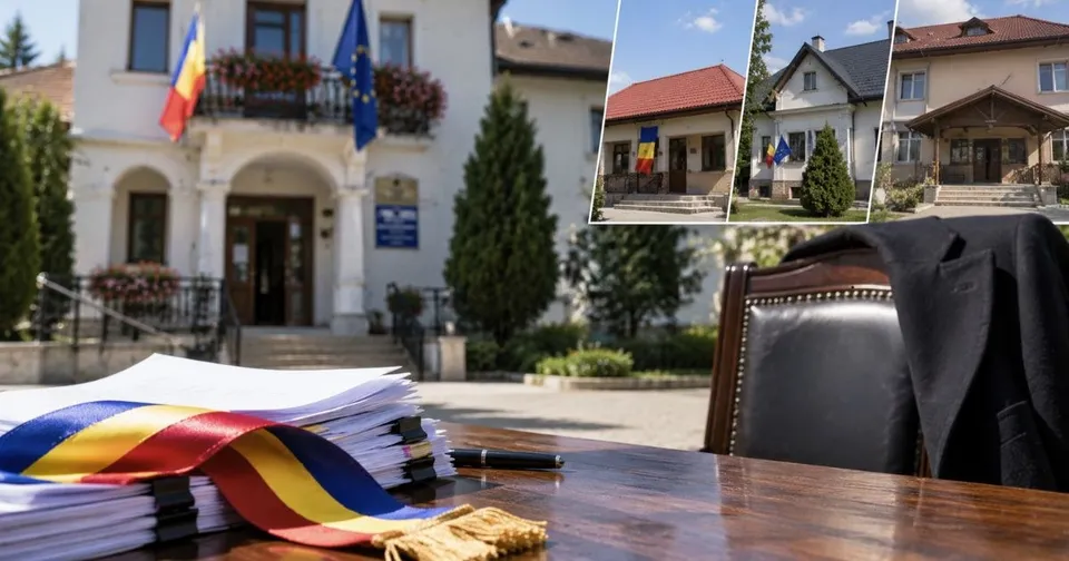 Un teanc de hârtii cu un nasture tricolor este pe o masă de lemn lângă un scaun și o jachetă neagră.