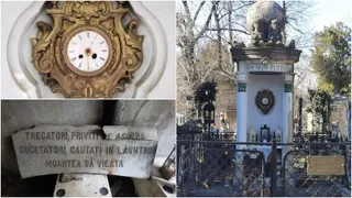 Un monument funerar cu un glob de piatră, un ceas decorativ și un gard metalic este situat într-un cimitir cu copaci în fundal.