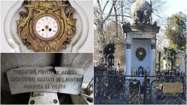 Un monument funerar cu un glob de piatră, un ceas decorativ și un gard metalic este situat într-un cimitir cu copaci în fundal.
