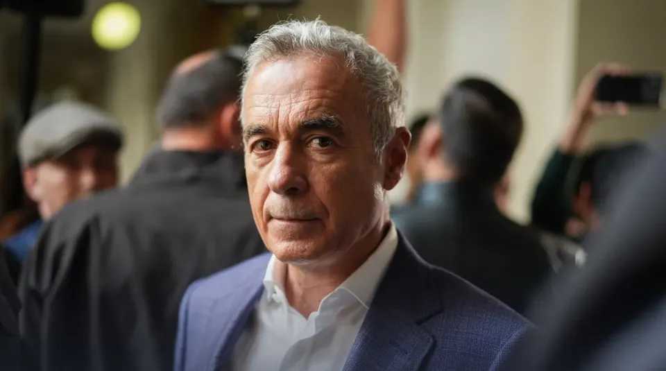 Un bărbat cu părul cărunt și sacou albastru privește spre cameră în timp ce alți oameni stau în spatele lui.