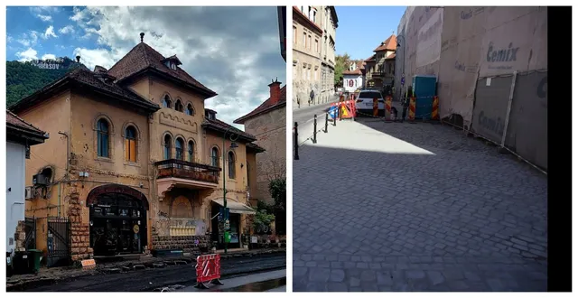 O stradă pavată cu pietriș este desenată lângă un clădire în construcție acoperită de panouri și un vehicul alb parcat.