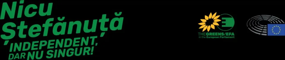 Textul verde pe fundal negru include un nume, un slogan și un logo al grupului politicii verzi.
