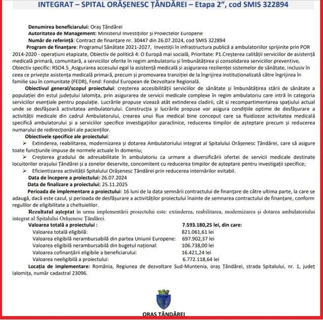 Un document oficial conține text detaliat despre un proiect de investiții, un logo și un text de sub un element grafic colorat.