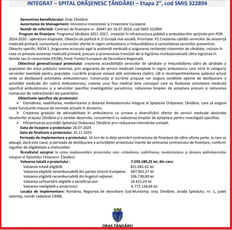 Un document oficial conține text detaliat despre un proiect de investiții, un logo și un text de sub un element grafic colorat.