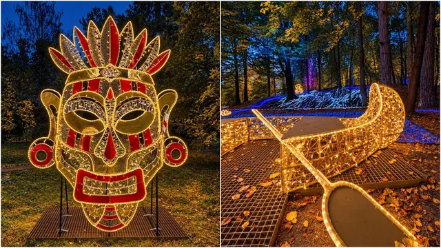Două imagini prezintă instalații luminoase mari, una sub formă de mască decorativă și alta sub formă de barcă, amplasate într-o zonă cu copaci.