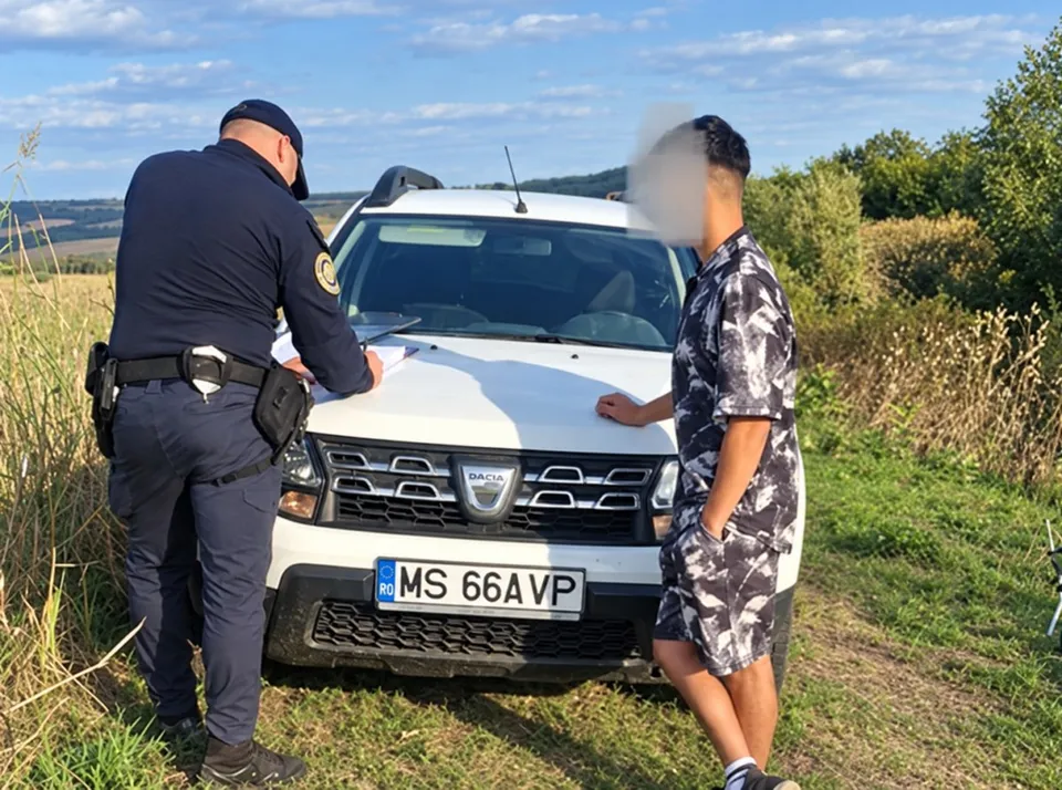 Un agent de poliție în uniformă întunecată scrie pe capota unei mașini albe lângă un bărbat îmbrăcat într-un șort și un tricou cu model gri.