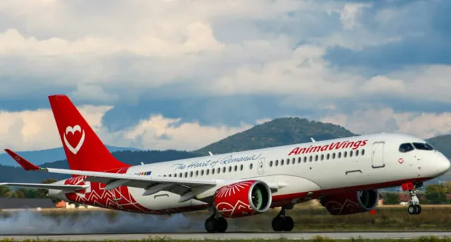 Un avion alb cu marcaje roșii și textul AnimaWings taxiind pe o pistă sub un cer înnorat lângă un deal verde.