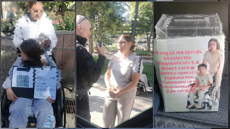 O femeie stă lângă un bilet de colectare de bani care prezintă fotografia unei persoane în scaun cu rotile și a unei alte persoane.