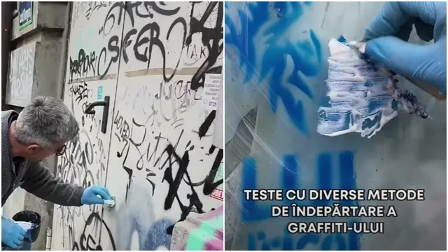 Un bărbat cu mănuși albastre aplică o substanță pe un perete acoperit de graffiti, în timp ce o mână cu mănușă albastră ține un rest colorat.