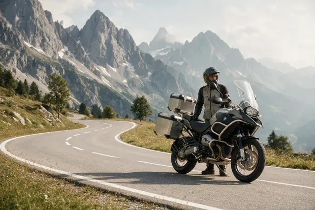 Un motociclist cu cască și echipament de protecție stă lângă o motocicletă cu valize laterale pe un drum de munte cu relief alpin în fundal.