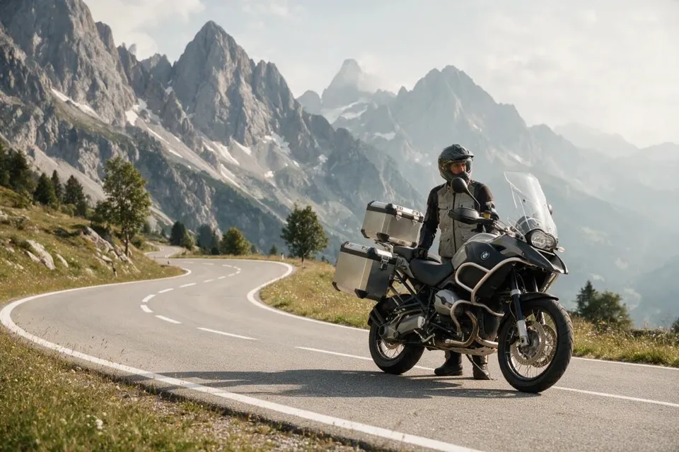 Un motociclist cu cască și echipament de protecție stă lângă o motocicletă cu valize laterale pe un drum de munte cu relief alpin în fundal.