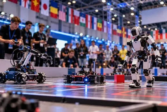 Un robot umanoid alb și negru stă pe o suprafață de competiție lângă două vehicule robotice cu roți într-un spațiu de expoziție cu oameni în fundal.