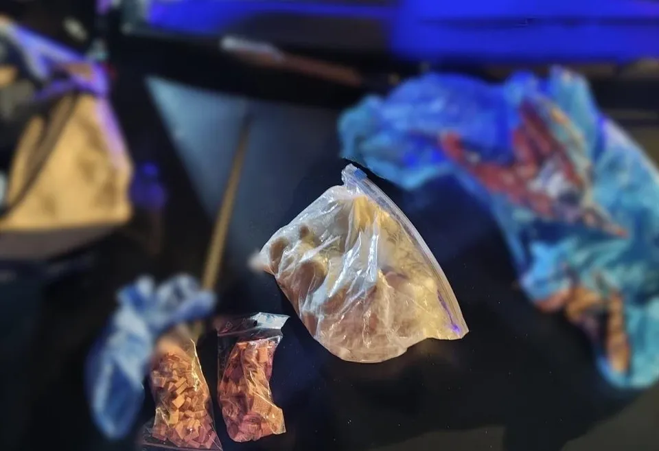Mai multe pungi de plastic transparente conținând substanțe solide de culoare maro sunt așezate pe o suprafață închisă la culoare.