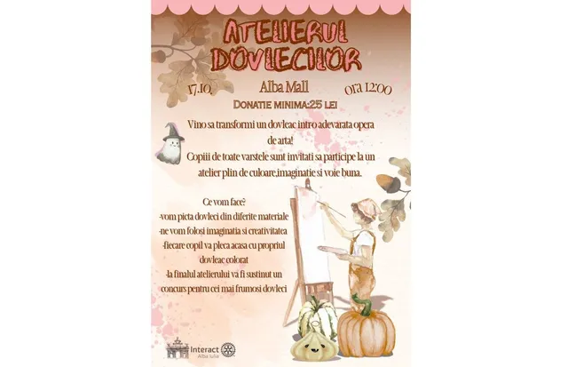 Un afiș cu ilustrații de dovleci, frunze și un personaj mic pe un fundal de culoare roz deschis.