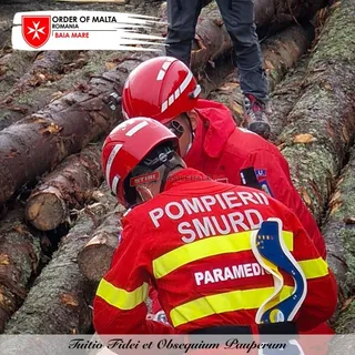 Două persoane purtând căști roșii și uniforme de salvator cu inscripții de tipul POMPIERI SMURD și PARAMEDIC stau lângă niște bușteni de lemn.