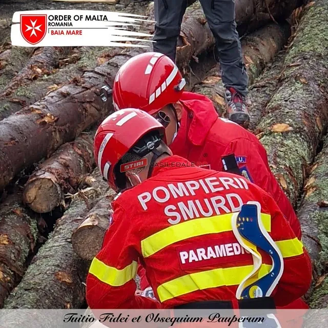 Două persoane purtând căști roșii și uniforme de salvator cu inscripții de tipul POMPIERI SMURD și PARAMEDIC stau lângă niște bușteni de lemn.