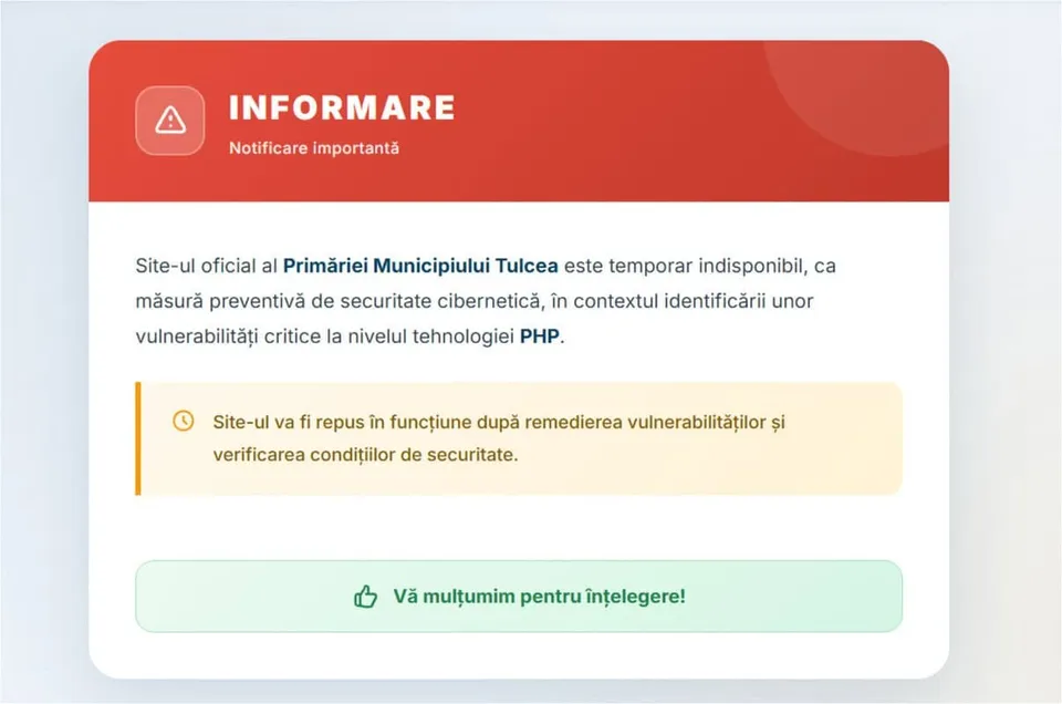 Un mesaj de informare pe fundal alb conține text în limba română și un buton verde cu un simbol de deget pozitiv.