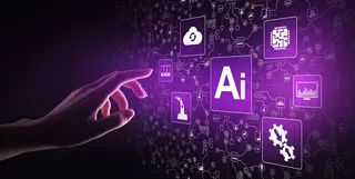 O mână întinsă atinge un ecran digital pe care sunt afișate diverse pictograme tehnologice și simbolul textului Ai pe un fundal violet.