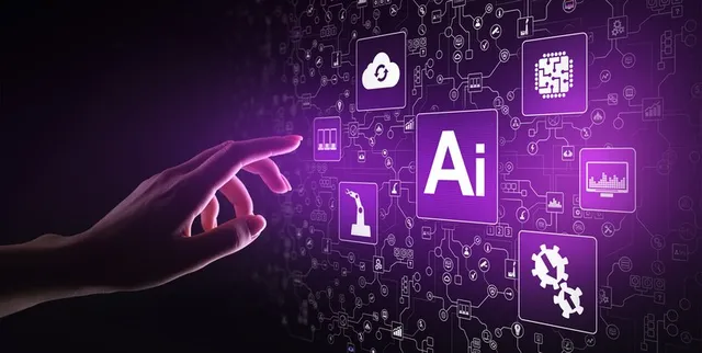 O mână întinsă atinge un ecran digital pe care sunt afișate diverse pictograme tehnologice și simbolul textului Ai pe un fundal violet.