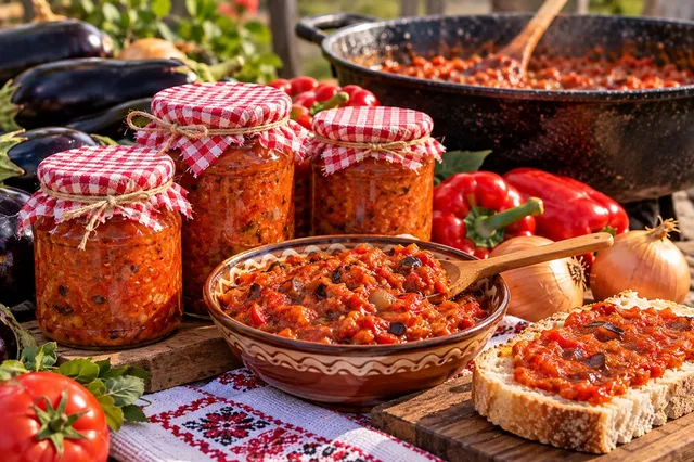 Trei borcane cu zacuscă, un bol cu preparat și o felie de pâine cu sos sunt așezate pe o față de masă decorată.