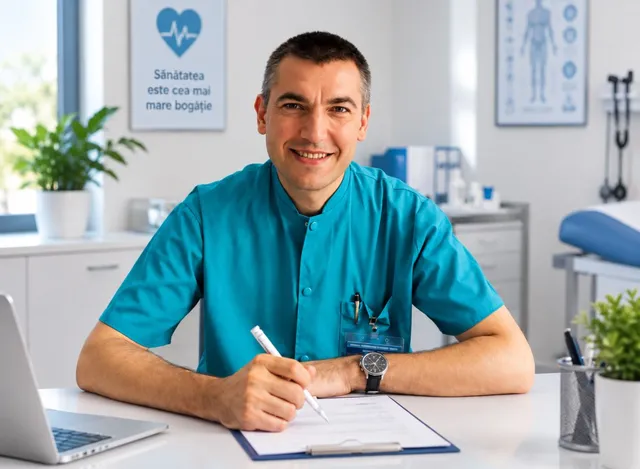Un medic bărbat, în uniformă medicală albastră, stă la birou, zâmbește și scrie pe un clipboard cu un pix alb.