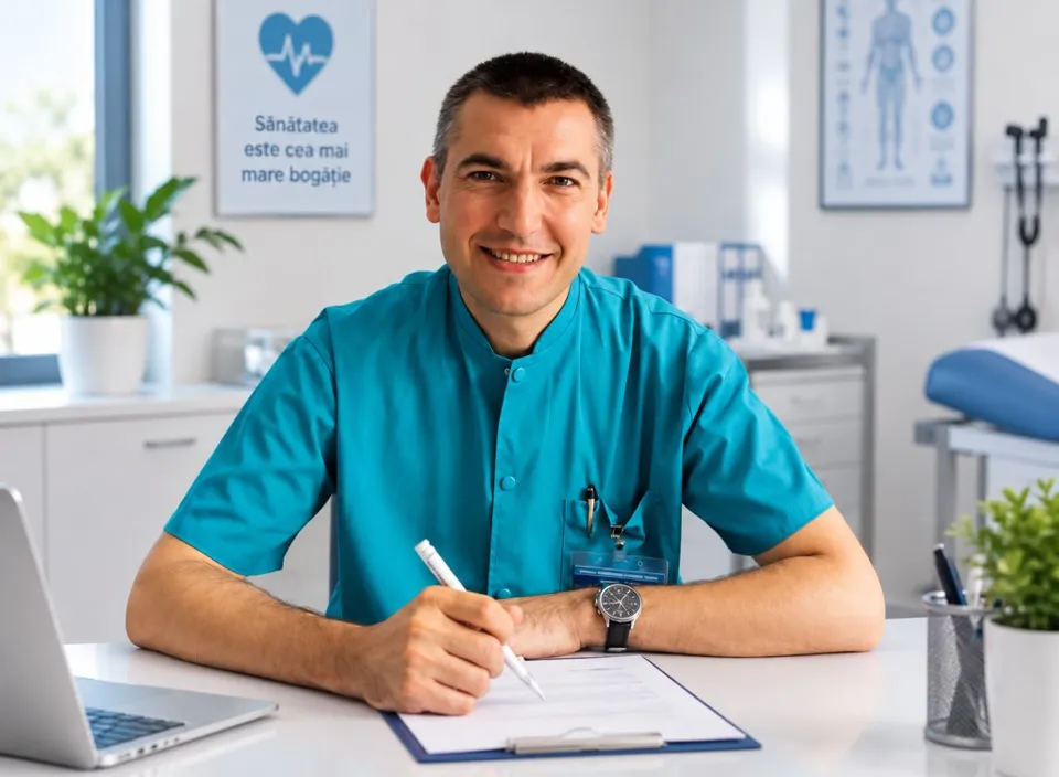 Un medic bărbat, în uniformă medicală albastră, stă la birou, zâmbește și scrie pe un clipboard cu un pix alb.
