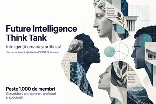 Un colaj artistic cu profiluri de fețe umane suprapuse pe elemente geometrice, text și imagini de peisaje sau arhitectură într-o paletă de culori albastru și gri.