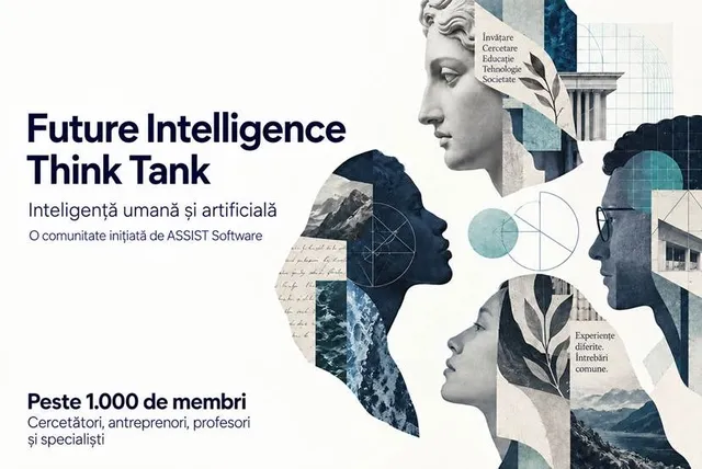 Un colaj artistic cu profiluri de fețe umane suprapuse pe elemente geometrice, text și imagini de peisaje sau arhitectură într-o paletă de culori albastru și gri.
