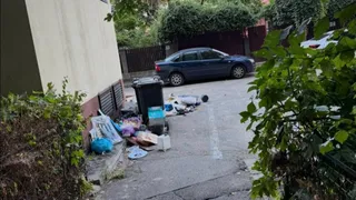 Coșuri de gunoi și diverse obiecte de deșeuri sunt împrăștiate pe asfaltul de lângă un perete de clădire și un gard metalic.