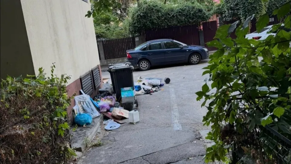 Coșuri de gunoi și diverse obiecte de deșeuri sunt împrăștiate pe asfaltul de lângă un perete de clădire și un gard metalic.