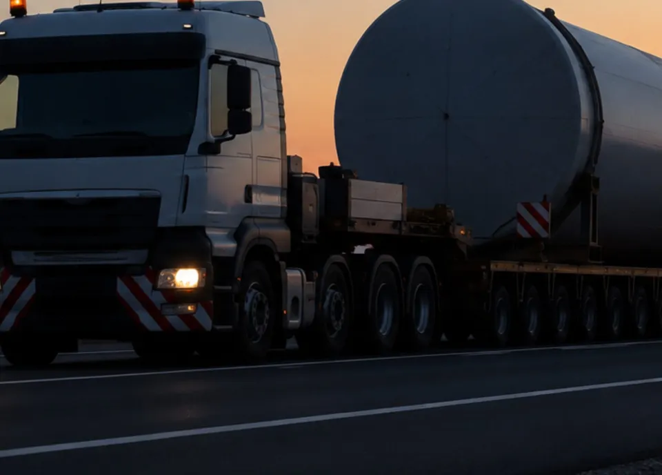 Un camion alb transportă un obiect cilindric mare și gri pe un trailer cu mai multe axe pe un drum asfaltat sub un cer de apus.